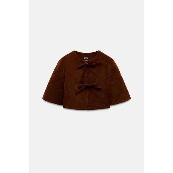 Brown Zara Round Neck Quilted Tie-Front Cropped Short Sleeve Jacket (NWOT) - Picture 1 of 10